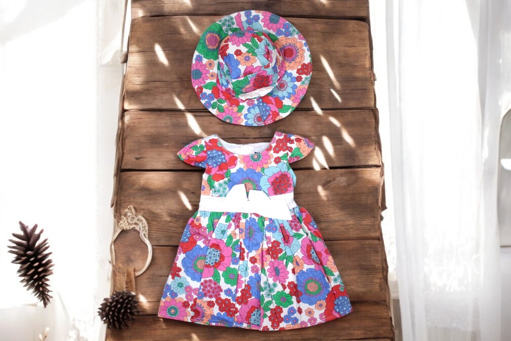 ROBE FILLE S/M A MOTIF + CHAPEAU